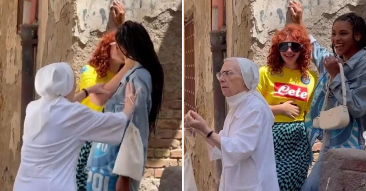 [VÍDEO] Freira italiana interrompe beijo entre duas mulheres com sinal da cruz e gritos