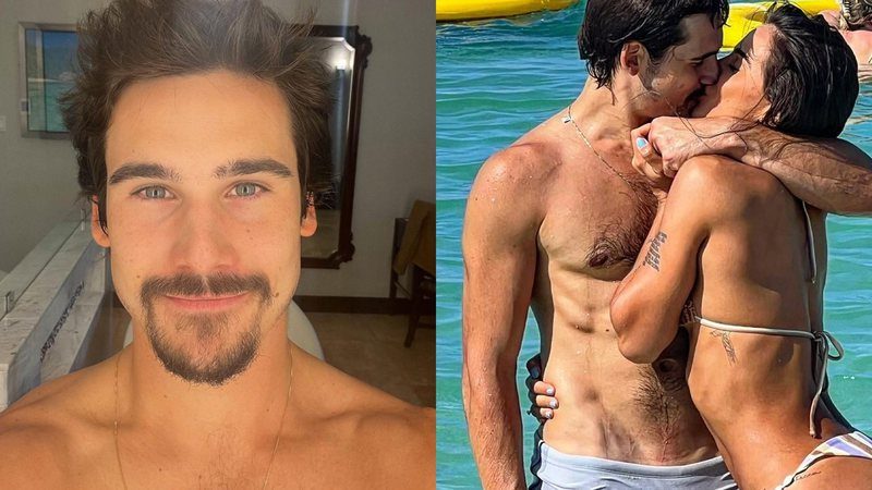 Na praia e de traje de banho transparente Nicolas Prattes