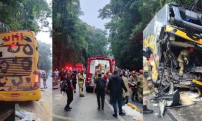 Onibus com 46 pessoas sofre acidente com caminhao de carga