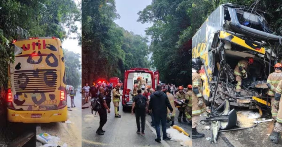 Onibus com 46 pessoas sofre acidente com caminhao de carga