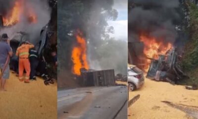 Colisao devastadora entre dois caminhoes e um carro deixa dois