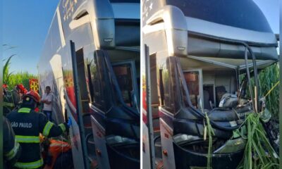 Colisao entre onibus que levava 50 passageiros e caminhao em