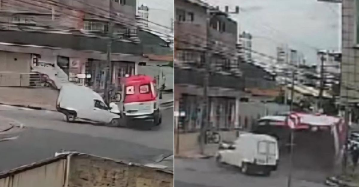 Motorista não respeita sinal de 'pare', colide contra ambulância que acaba capotando 31 Motorista nao respeita sinal de pare colide contra ambulancia que