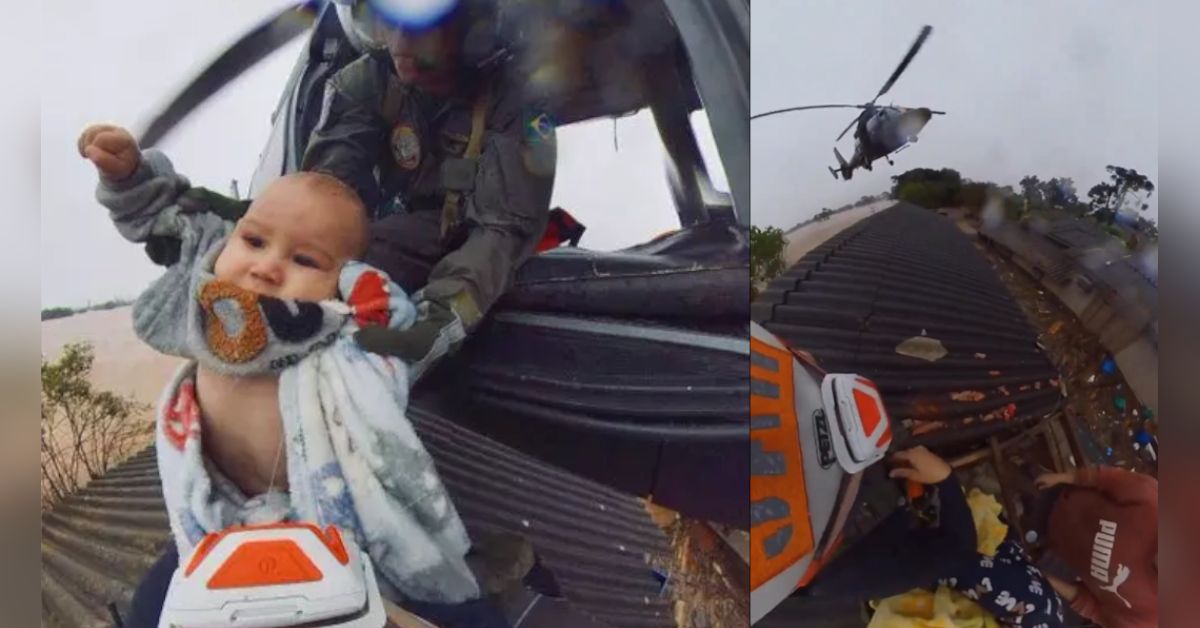 Vídeo flagra resgate comovente de bebê de cima de telhado de casa em cidade alagada no RS – Imagens viralizam 31 Video flagra resgate comovente de bebe de cima de telhado
