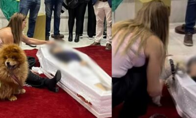 ex mulher de Nahim deixa cachorro lamber o corpo do cantor