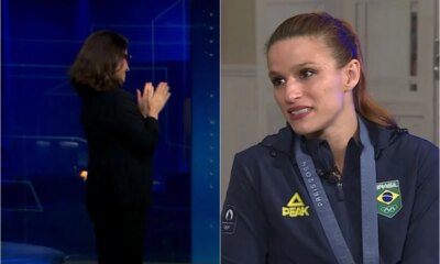 Renata Vasconcellos quebra protocolo fica de pe e aplaude Jade