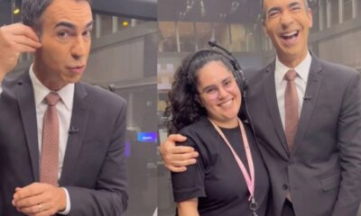 Cesar Tralli homenageia funcionaria nos bastidores do Jornal Hoje ‘Andreza