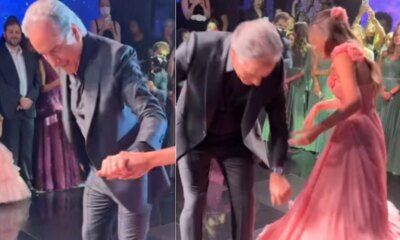 Durante valsa com Rafa Roberto Justus fica enroscado no vestido