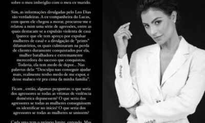 Cintia Chagas menciona novos fatos relacionados ao comportamento abusivo de Lucas Bove