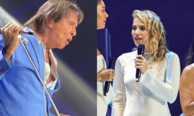 Roberto Carlos reage ao ver Leticia Colin interrompendo a gravacao