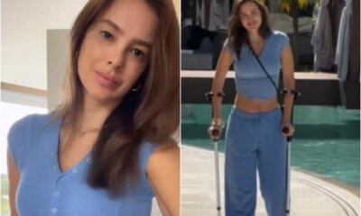 Vera Viel caminha com ajuda de muletas e faz anuncio