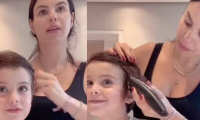 Sthefany Brito vira cabeleireira e corta o cabelo do filho