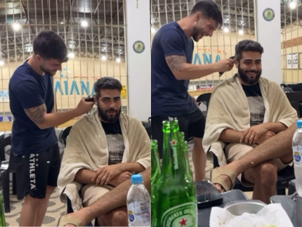 Henrique coloca barbeiro para cortar seu cabelo em meio a treino de futevôlei. Veja! 31 Henrique coloca barbeiro para cortar seu cabelo em meio a