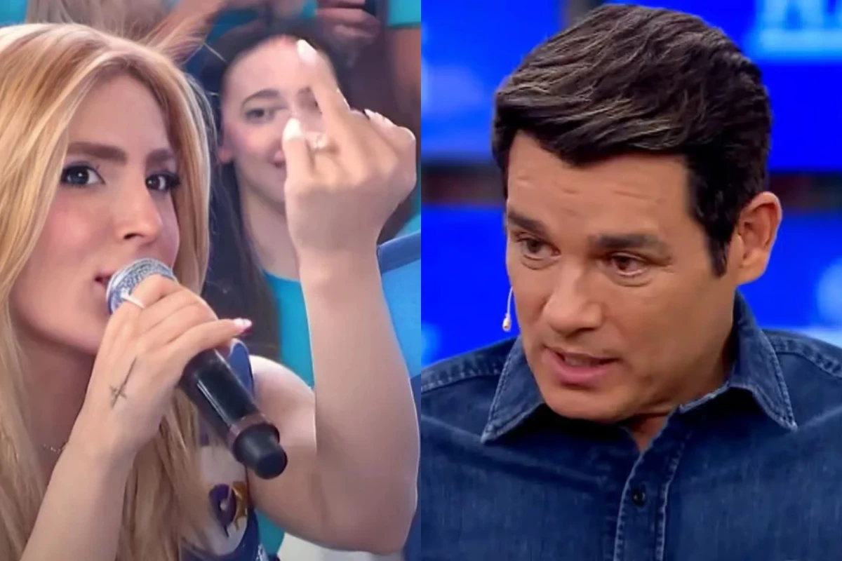 Ao vivo, Manu Bahtidão faz gesto obsceno com o dedo do meio após pergunta de Celso Portiolli no Domingo Legal 31 Ao vivo Manu Bahtidao faz gesto obsceno com o dedo
