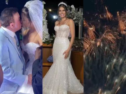 Fogos bolo de 6 andares e vestidos Veja detalhes do