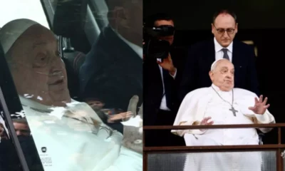 Papa Francisco acena para fieis e deixa o hospital