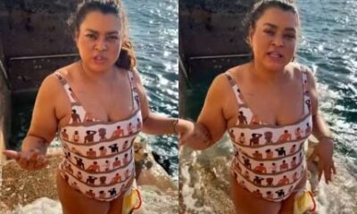 Preta Gil da seu primeiro mergulho no mar apos periodo