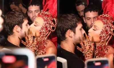 Sabrina Sato e Nicolas Prattes dao beijao ao chegar no