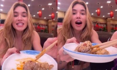 Corajosa Em viagem a China Virginia experimenta cerebro prato tipico