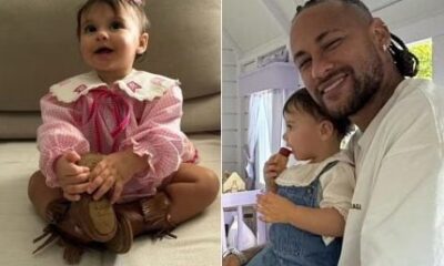 Neymar se derrete pela filha Helena vestida para festa junina