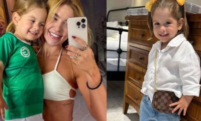 Tudo isso Maria Flor filha de Virginia ostenta bolsas de