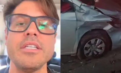 Motorista mostra estragos feitos em seu carro apos acidente com