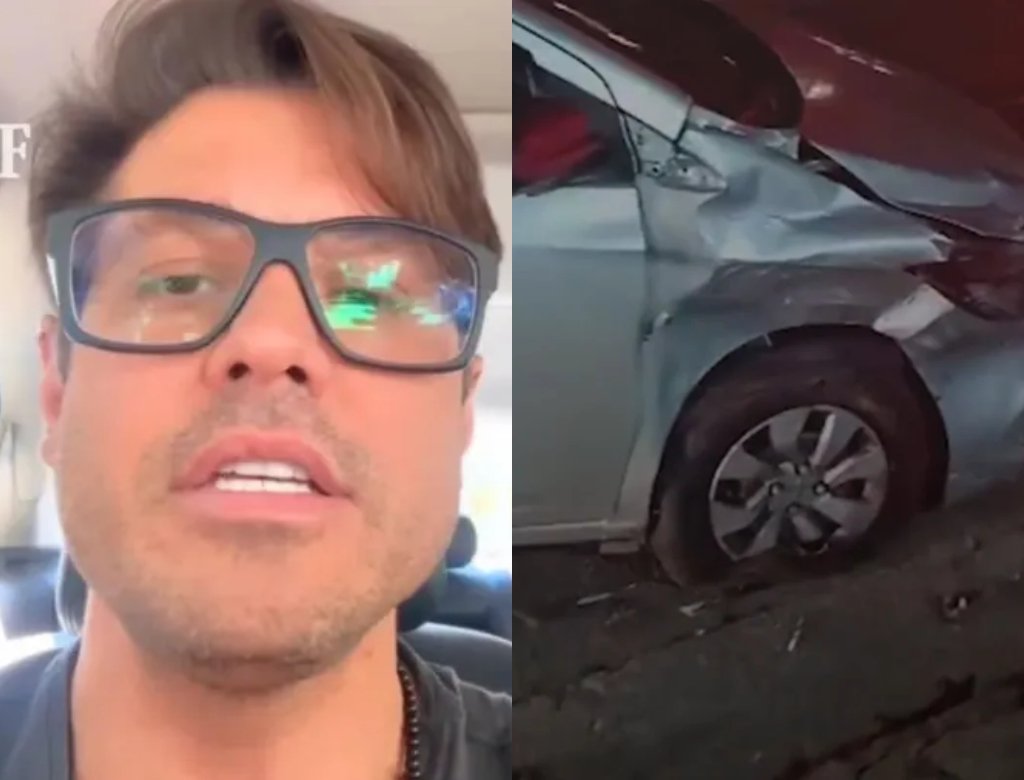 Motorista mostra estragos feitos em seu carro apos acidente com