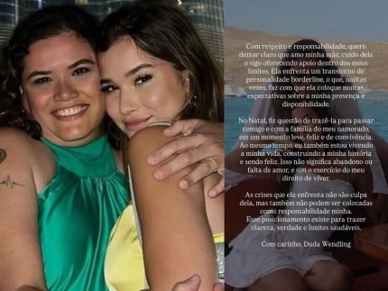 Duda Wendling fala de borderline da mae e diz que