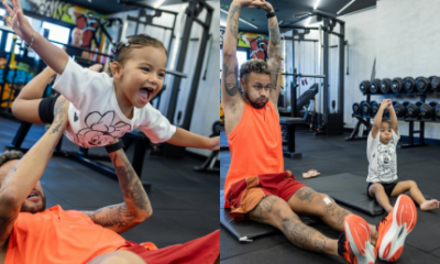 Neymar encanta ao posar com Mavie em treino na academia