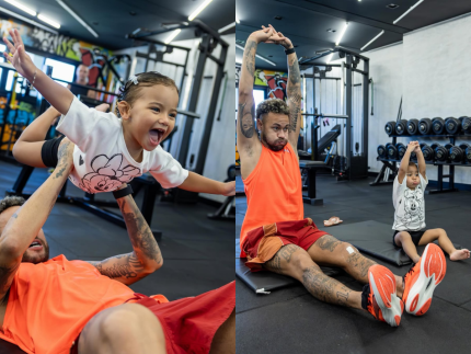 Neymar encanta ao posar com Mavie em treino na academia