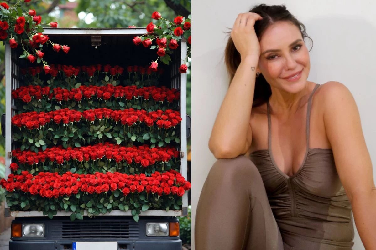 Paolla Oliveira recebe caminhao de rosas vermelhas de admirador custo