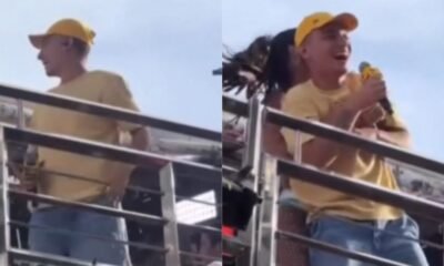 Em cima de Trio Joao Gomes recebe abraco de Ivete