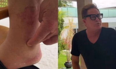 Em video com Poliana Rocha Leonardo brinca sobre pes inchados