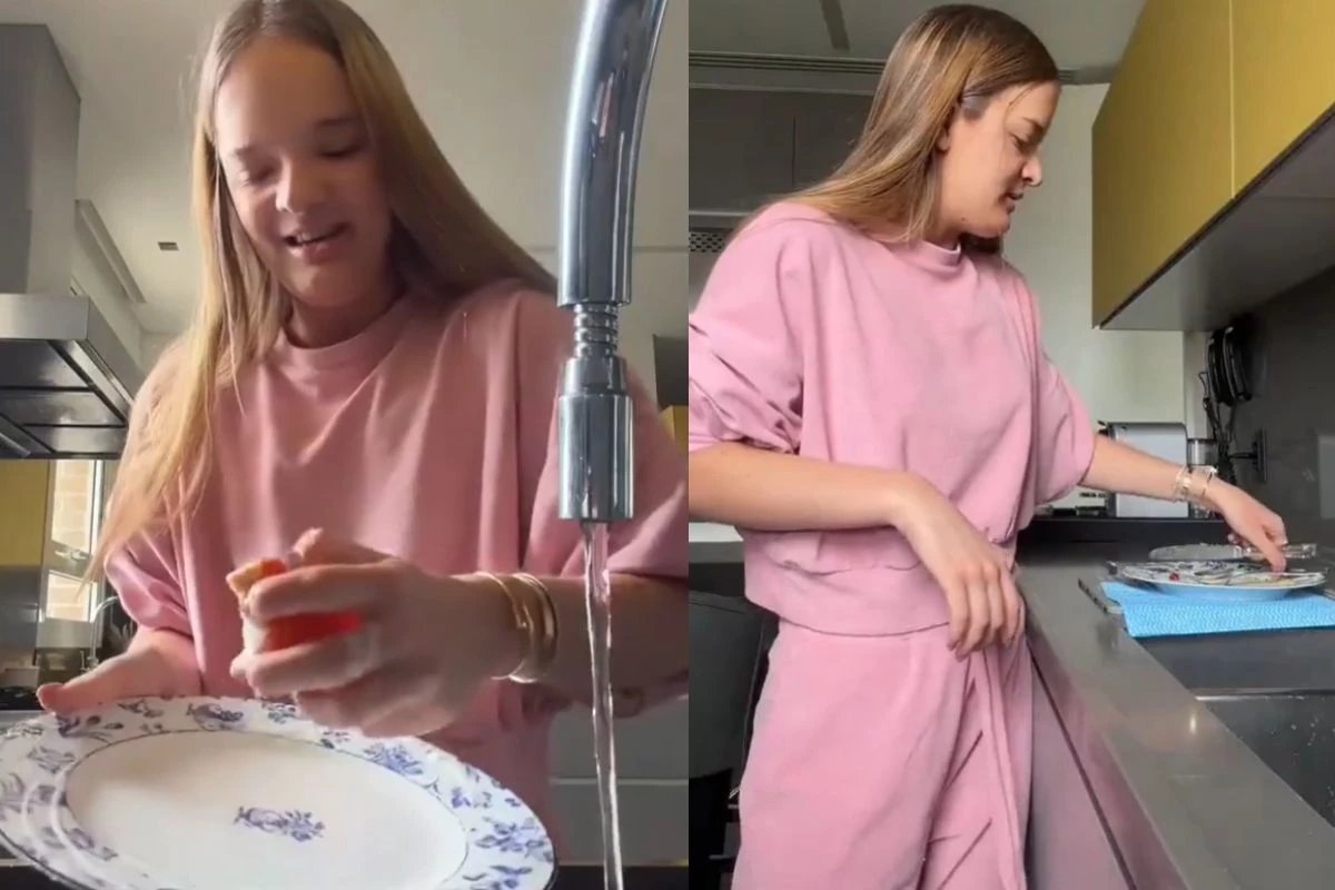 Rafa Justus grava tutorial de como lavar loucas e detalhe