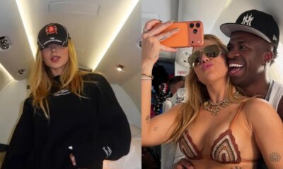 Virginia surge usando coleira com nome de Vini Jr e