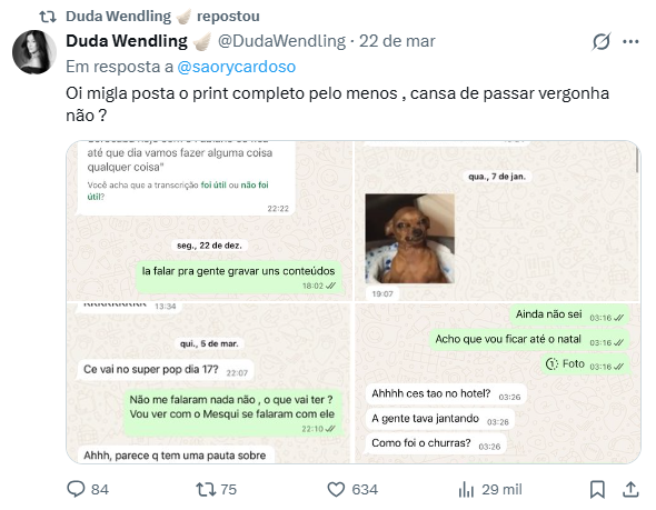 Reprodução: X/@DudaWendling