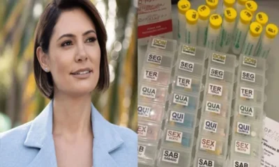 Michelle surge organizando remedios de Bolsonaro e detalhe chama.webp