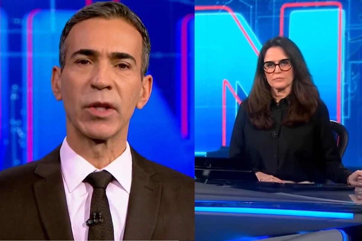 Video camera flagra jornalista fazendo gesto atras de Cesar Tralli