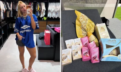 Virginia mostra chocolates de Pascoa que ganhou de Vini.webp