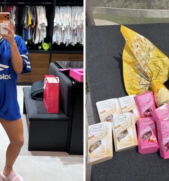 Virginia mostra chocolates de Pascoa que ganhou de Vini.webp