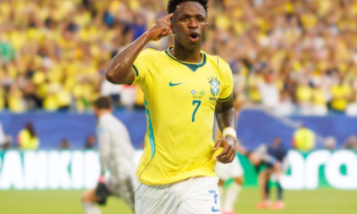 Vini Jr volta a celebrar atuacao pela Selecao ao som