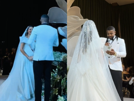 Davi Brito relembra historia com Emilly durante votos de casamento