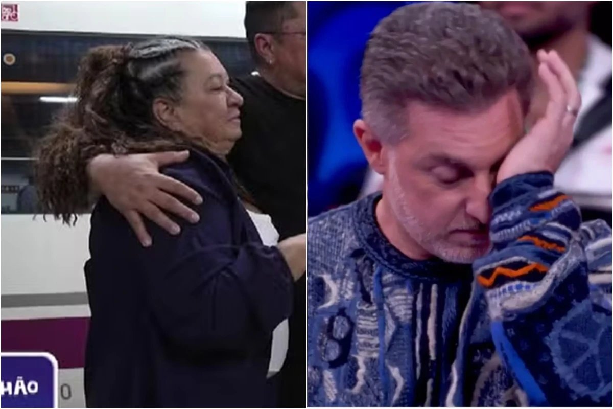 No palco do Domingao com Huck Luciano reencontra a mae